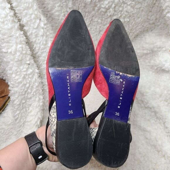 Elie‎ Tahari Red Suede and Snakeskin Color Block Pointed Toe Ankle Strap - Picture 3 of 4